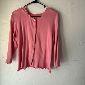 Y2k Pink Ribbed Knit Cardigan Top Ruffle Trim Long Sleeve Button Up Blouse Large